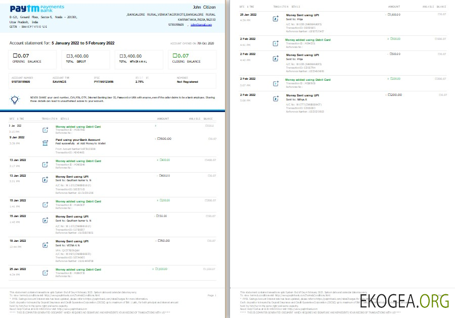 Modèle de relevé bancaire India Paytm Payments, format Word et PDF, 2 pages, version 2